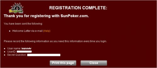 Sun Poker. Регистрация и получение бездепозитного бонуса.